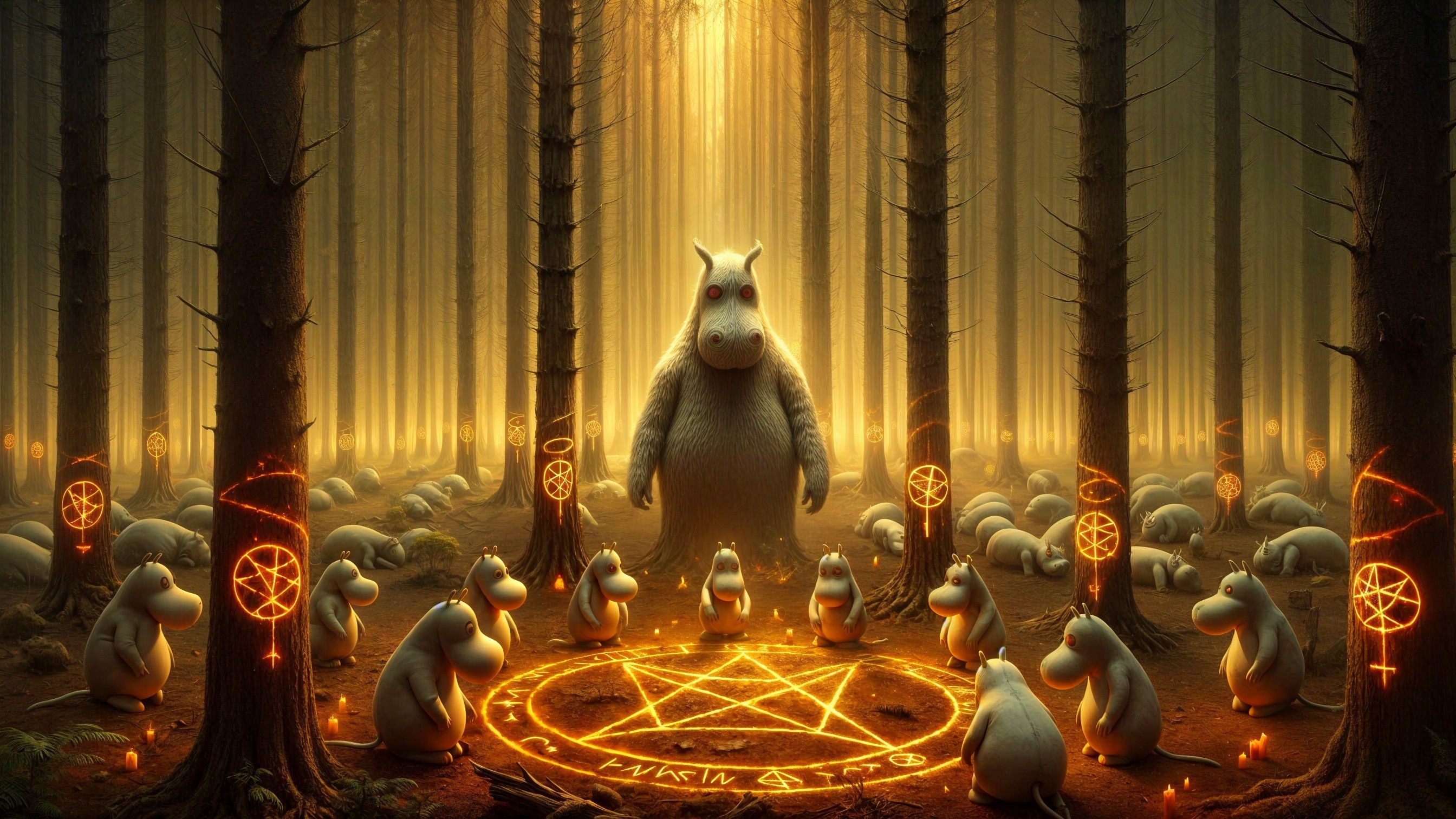 Mystical Forest Gathering with Enigmatic Creatures