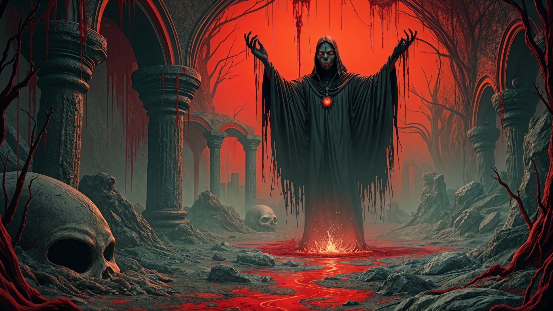 Cloaked Figure in Crimson-Lit Haunting Landscape
