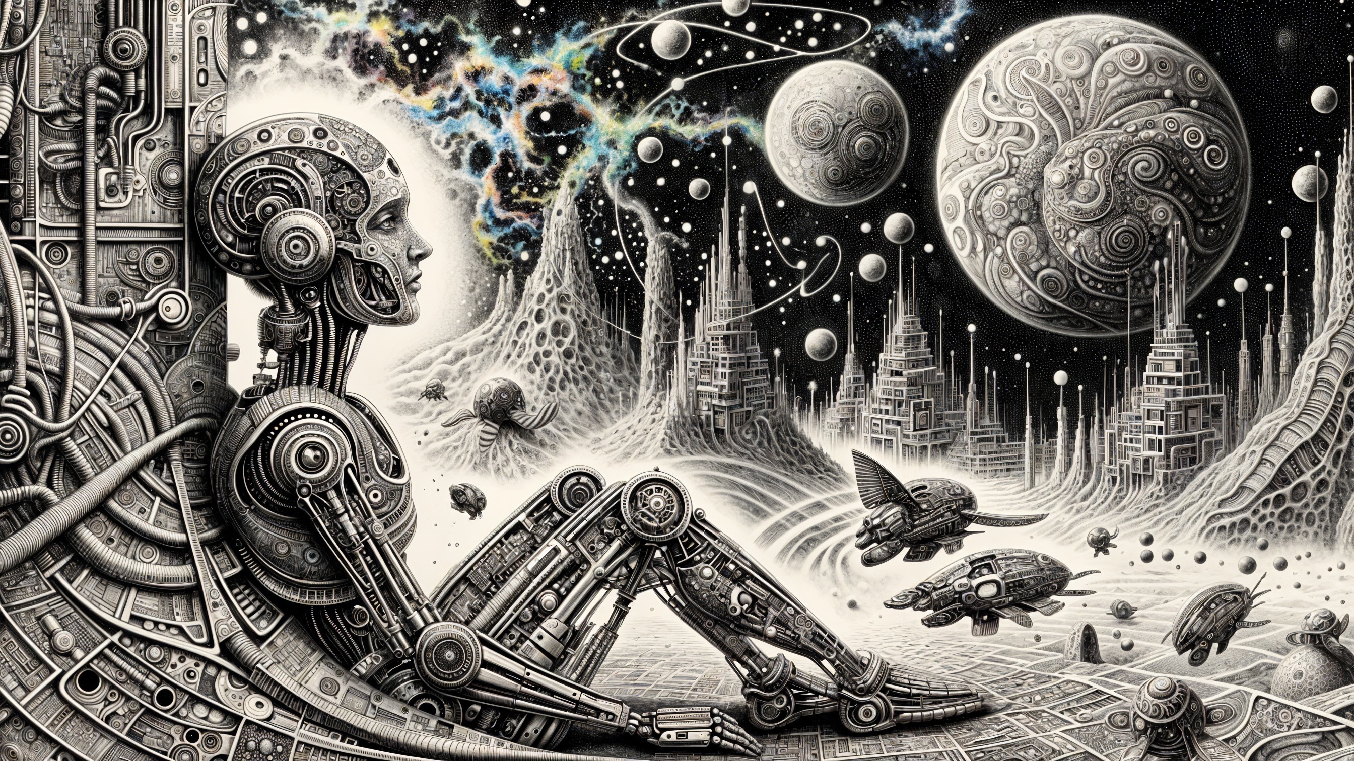 Futuristic Humanoid Robot in Cosmic Landscape