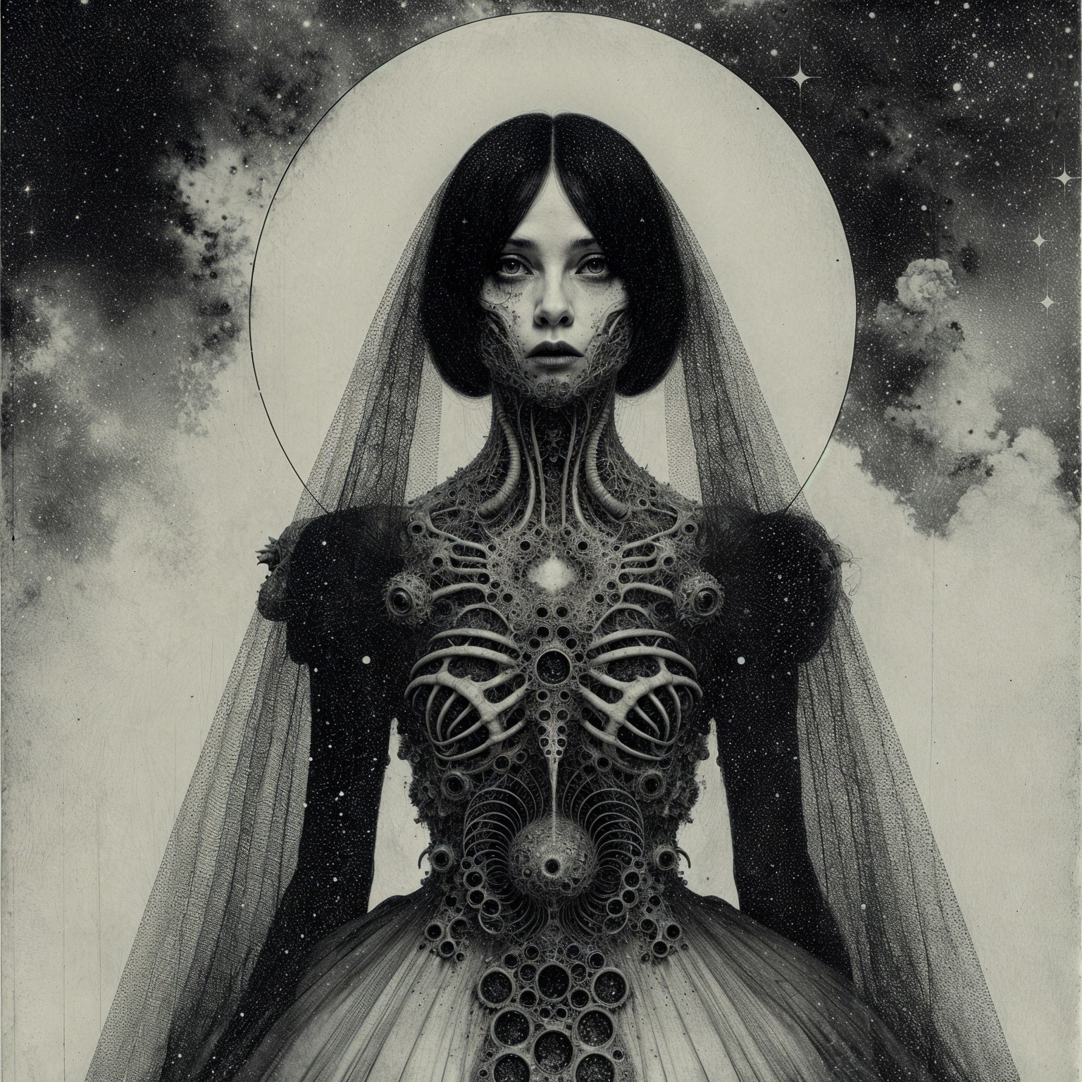 Surreal Portrait of Woman in Flowing Dress and Veil