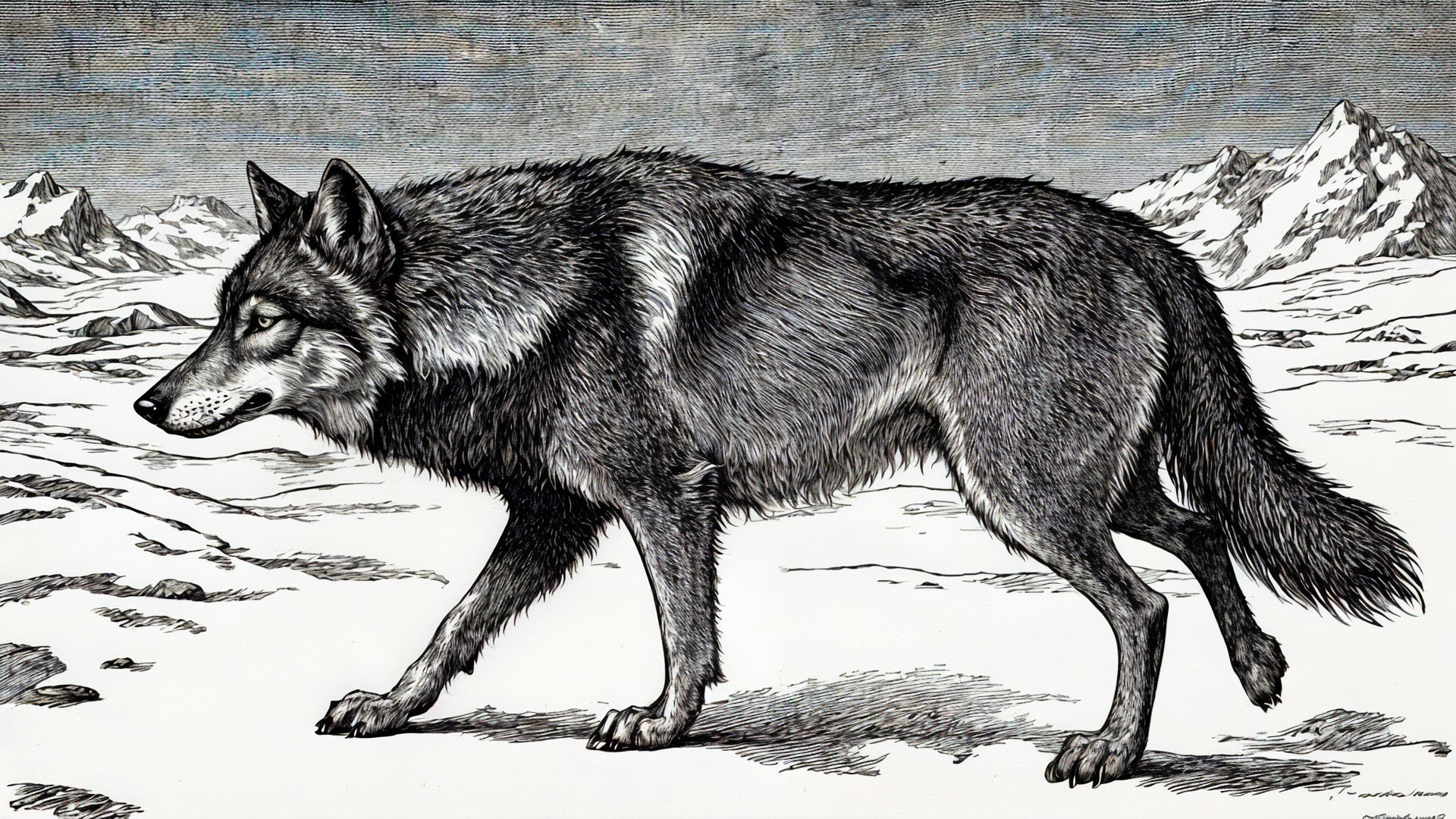 Etched Illustration of a Wolf in a Snowy Landscape