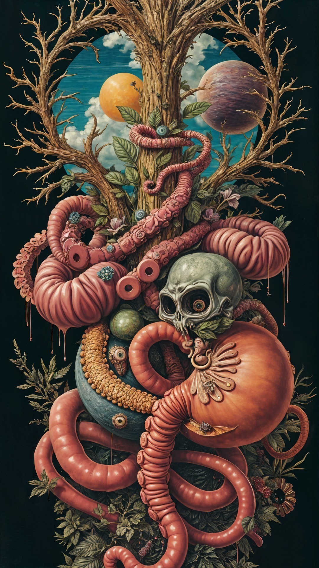 Surreal Composition with Tree, Tentacles, and Planets