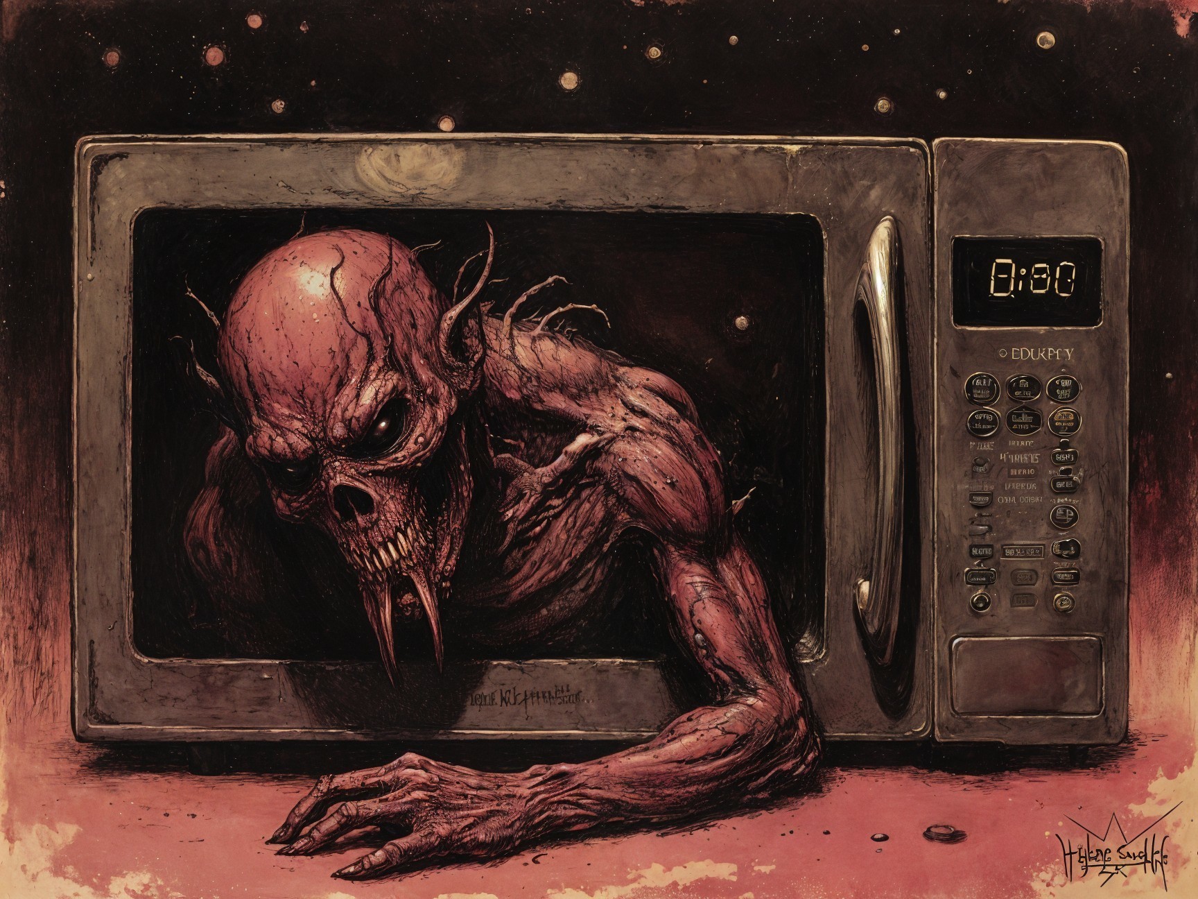 Skeletal Figure in Microwave Against Dark Background