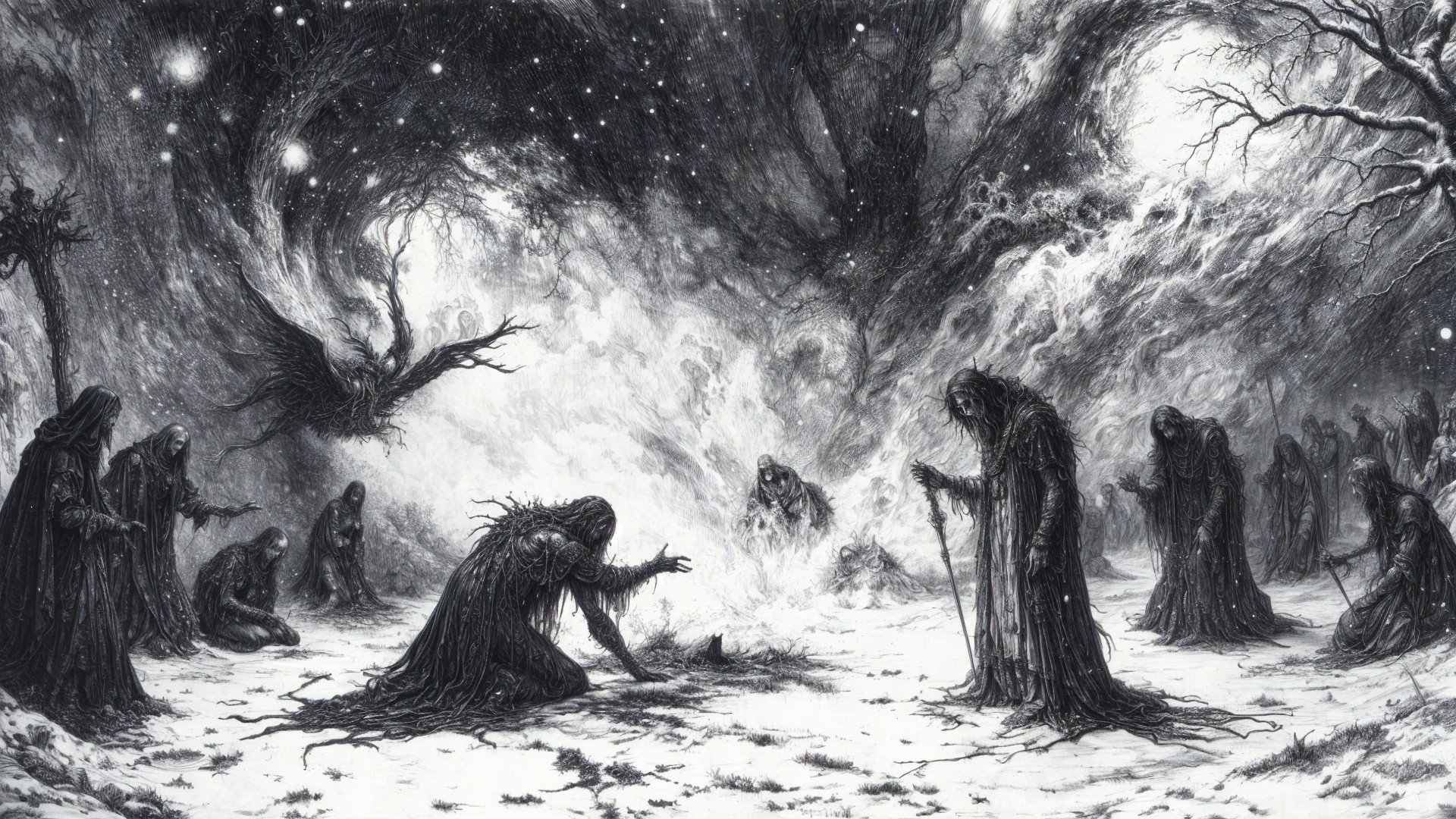 Eerie Hooded Figures Gather Around Fire in Snowy Landscape