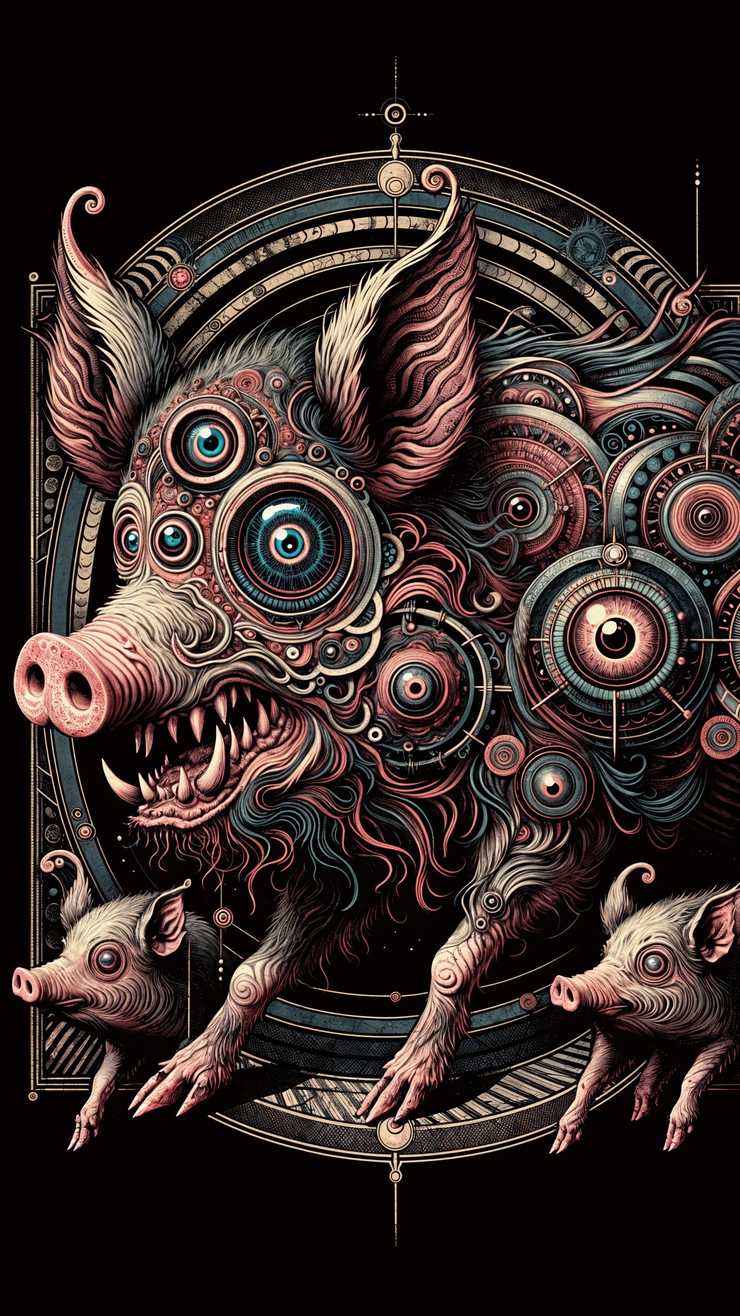 Surreal Mechanical Pig with Piglets in Dark Background
