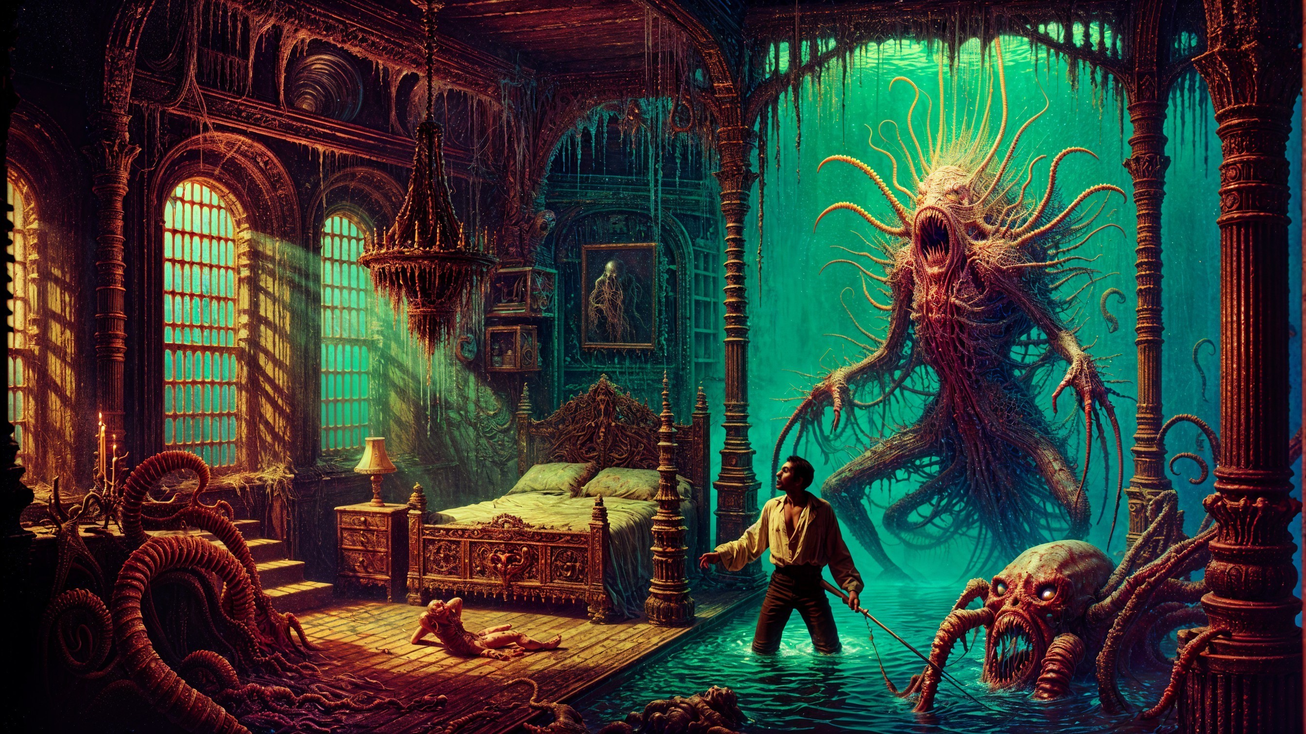 Gothic Room with Water and Tentacled Entity Encounter