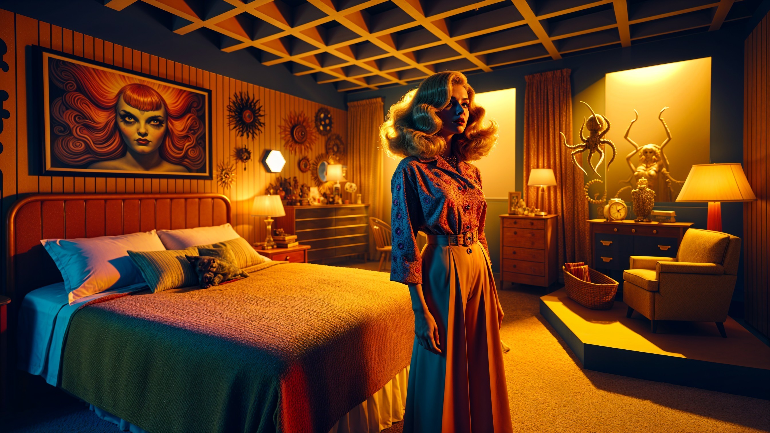 Retro Bedroom with Vintage Decor and Warm Lighting