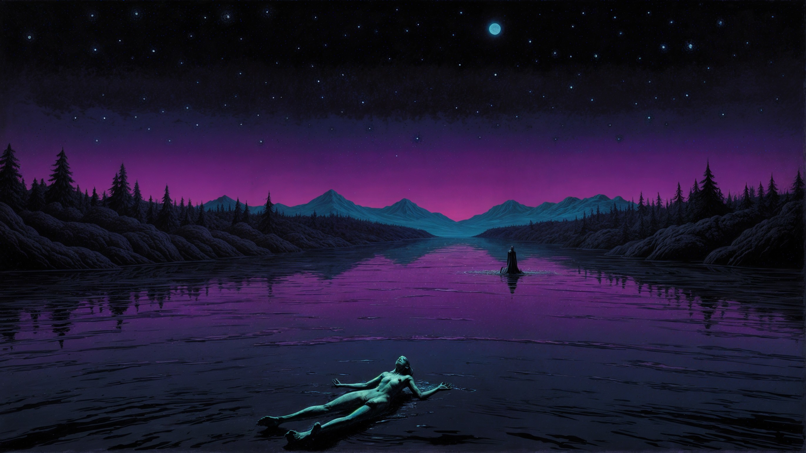 Serene Night Landscape with Reflective Lake and Stars