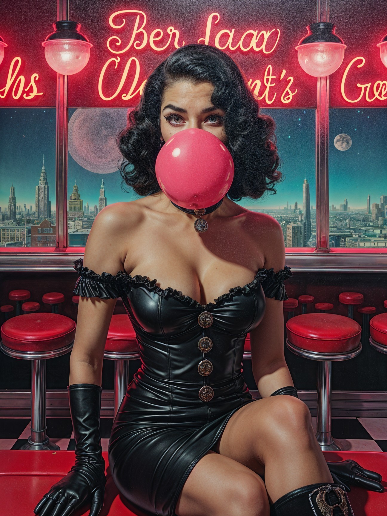 Stylish Woman in Retro Diner with Vintage Aesthetic