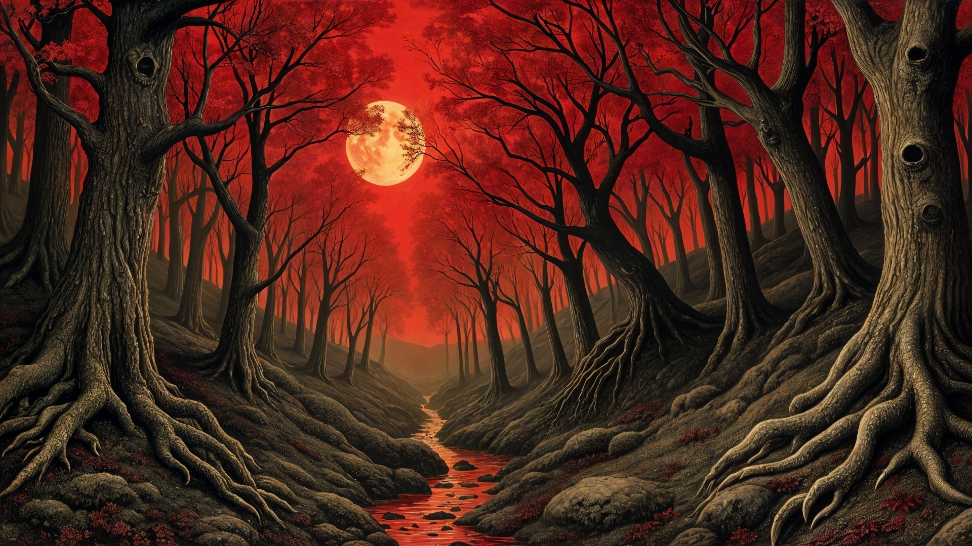 Crimson-Hued Mystical Forest with Luminous Moon