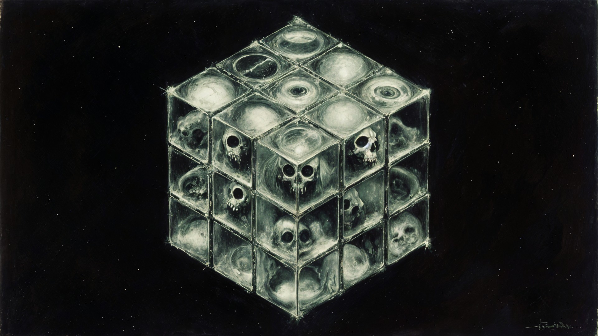 Three-Dimensional Cube with Skull and Cosmic Design