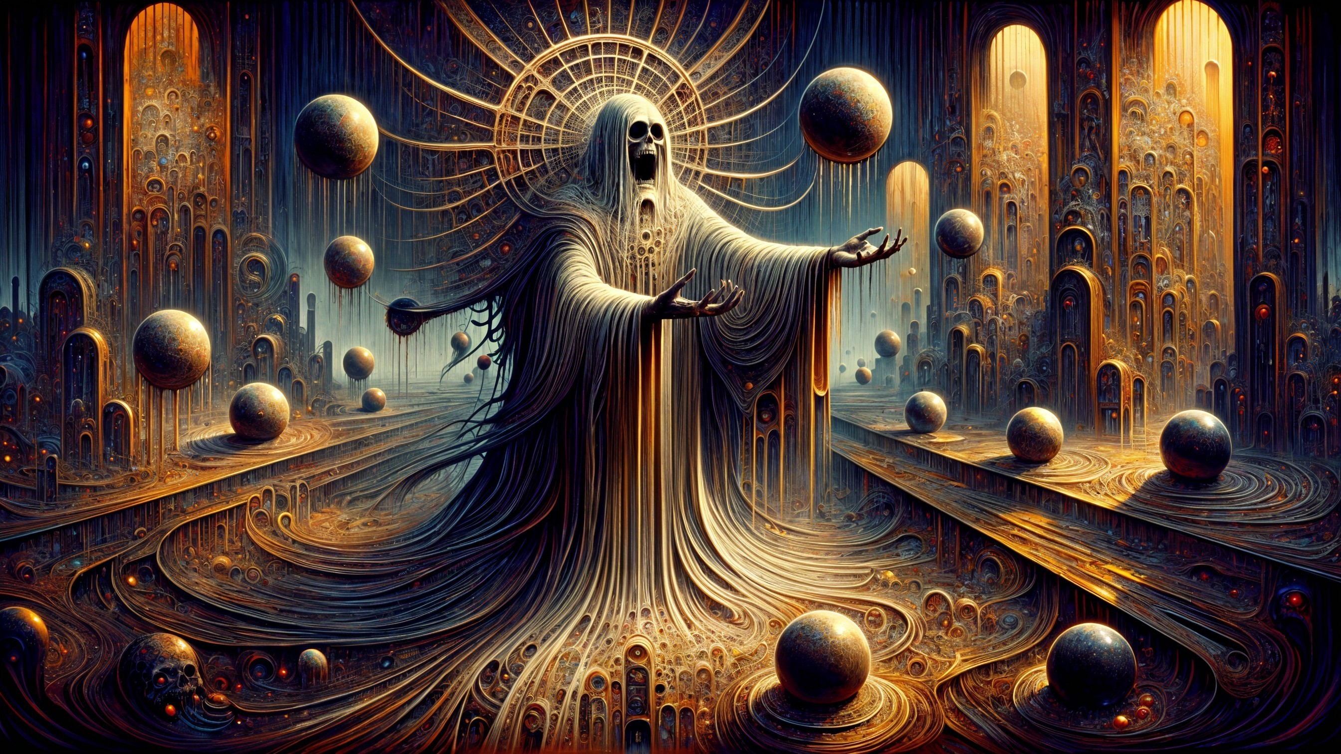 Spectral Figure in Surreal Landscape with Light Rays