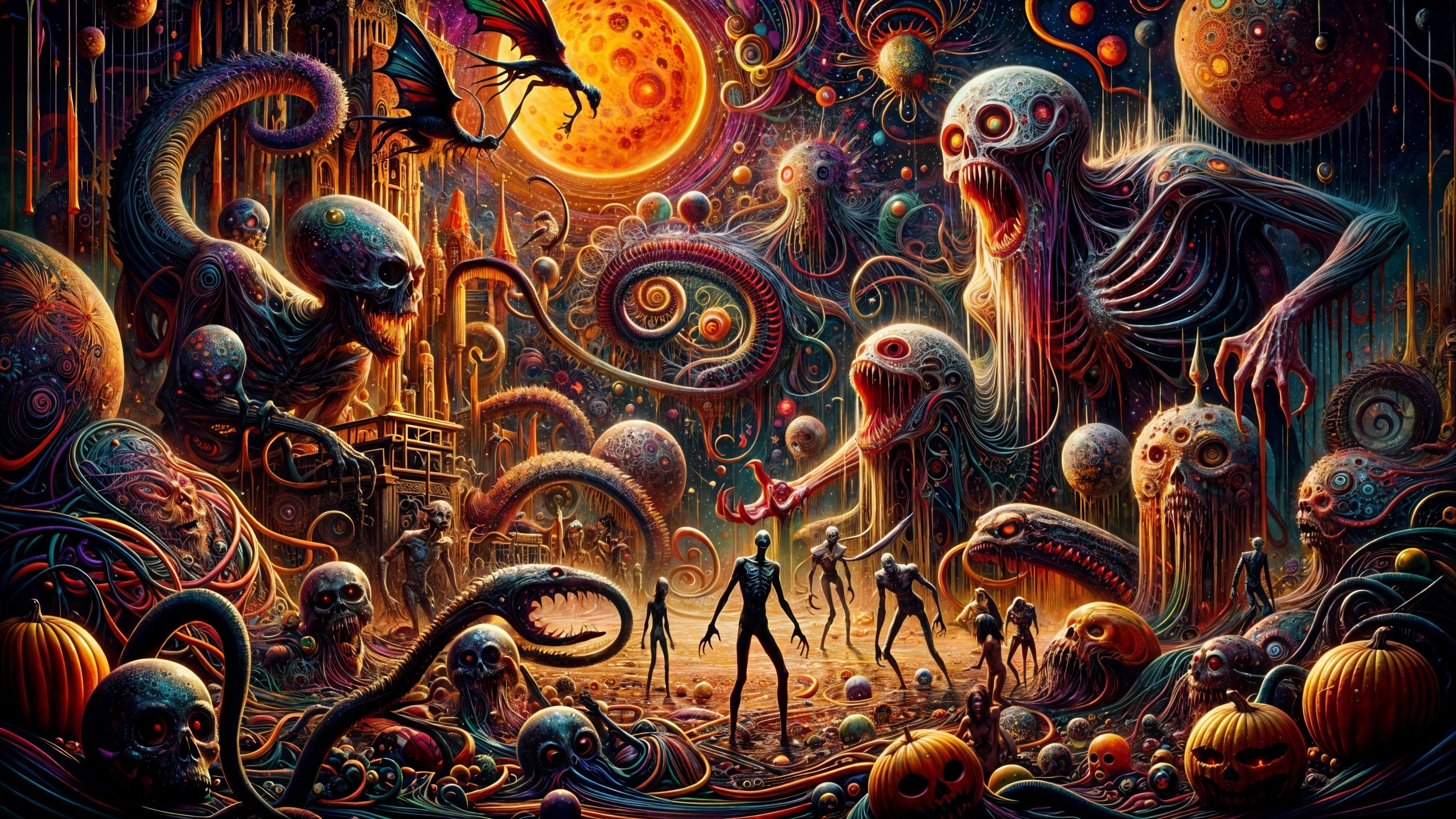 Surreal Scene of Grotesque Creatures and Landscapes