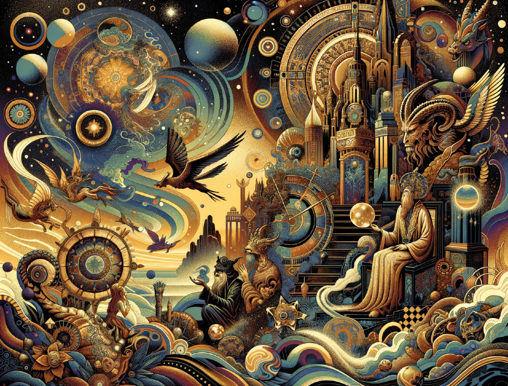 Cosmic Scene with Galaxies, Planets, and Creatures