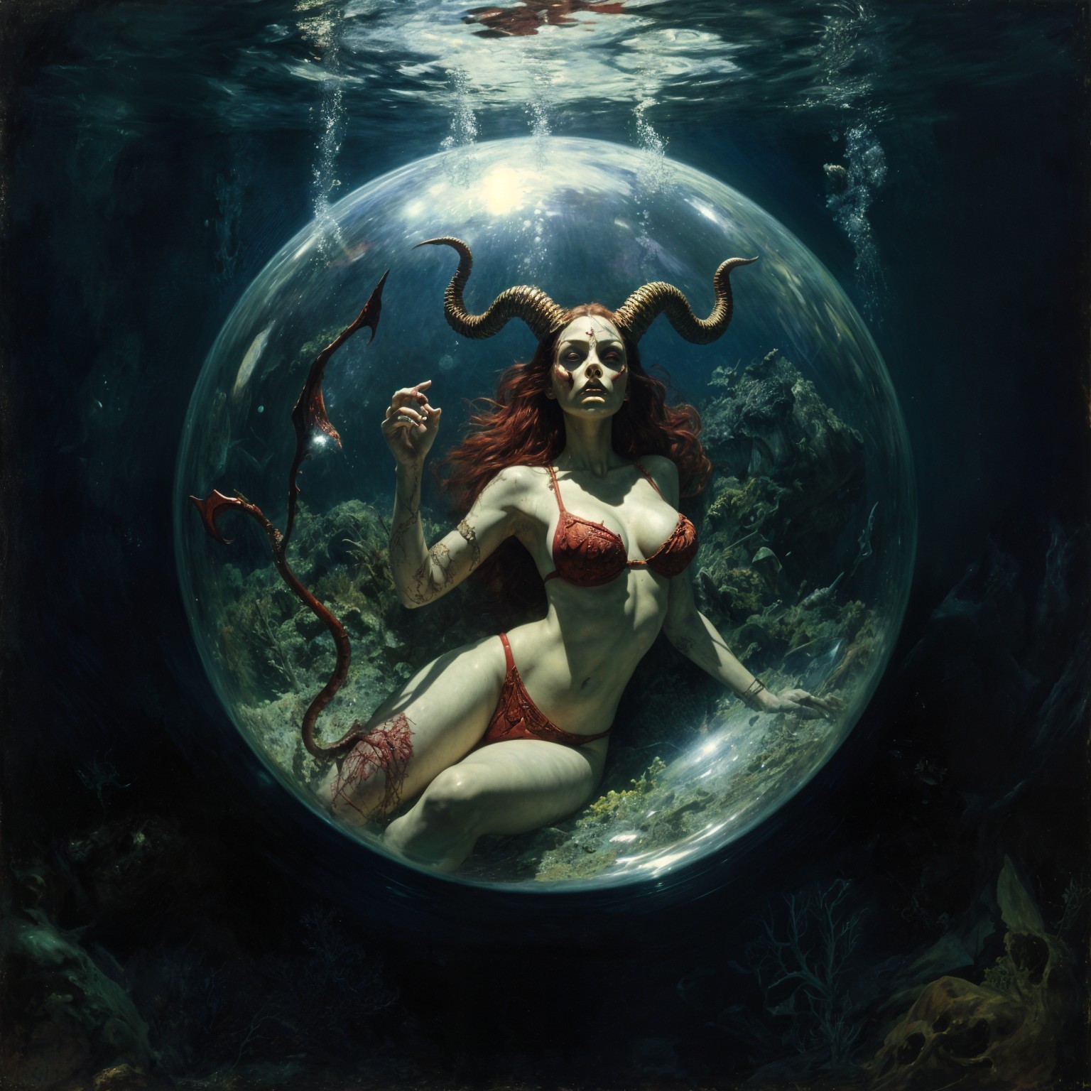 Underwater Scene with Mystical Figure and Aquatic Life