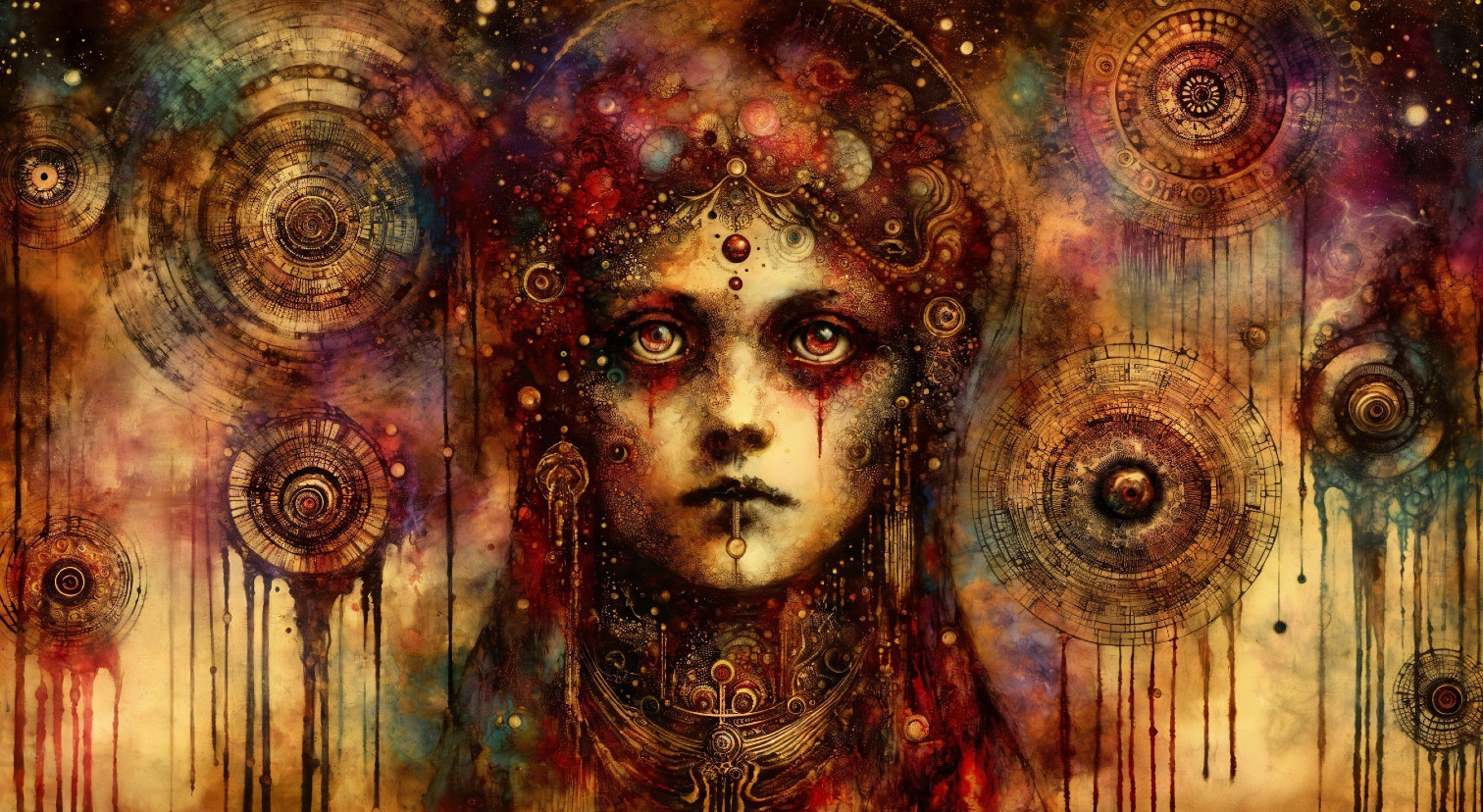 Mystical Female Figure with Cosmic Patterns and Jewelry