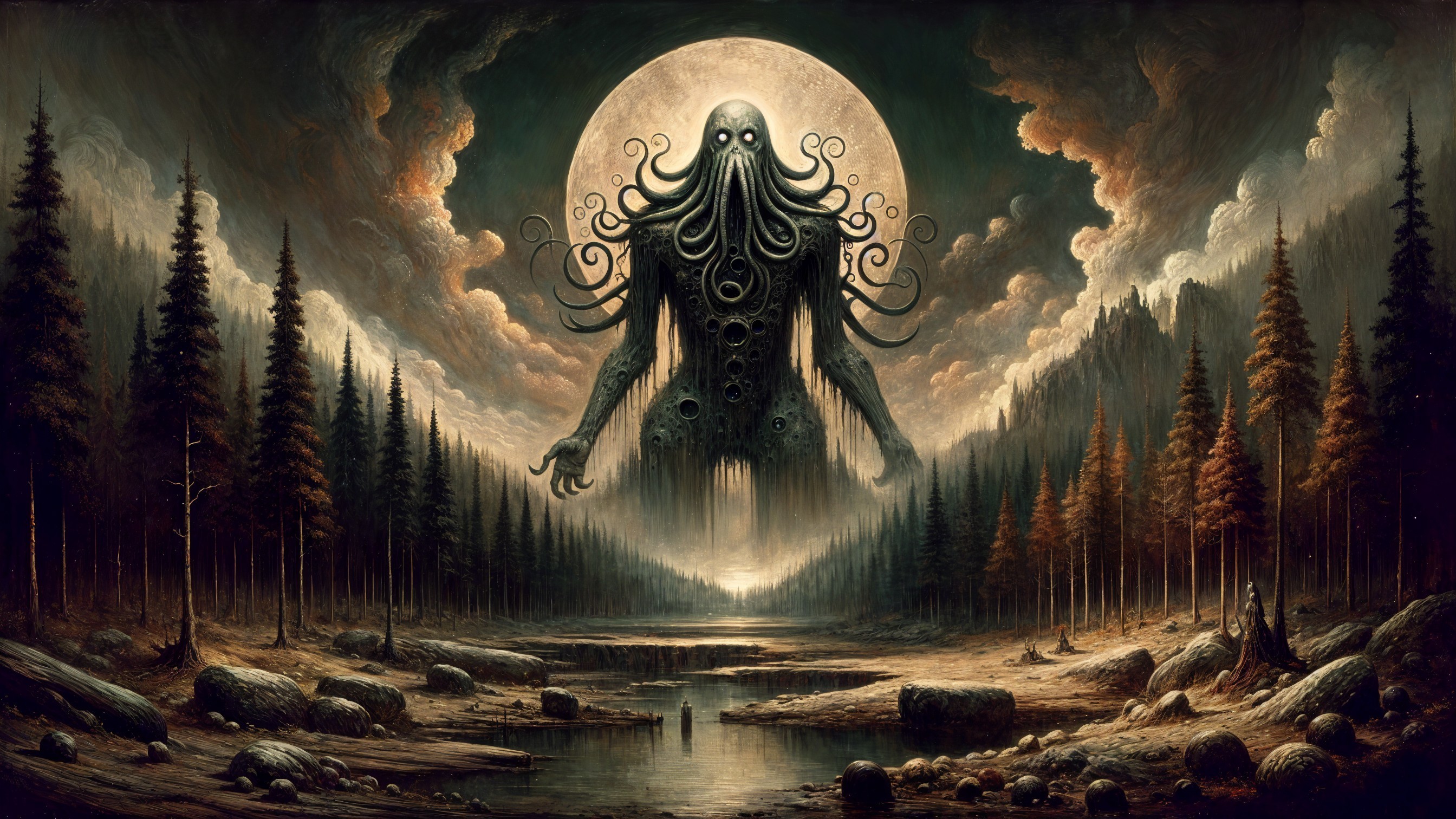 Ominous Figure with Tentacles Above Misty Forest