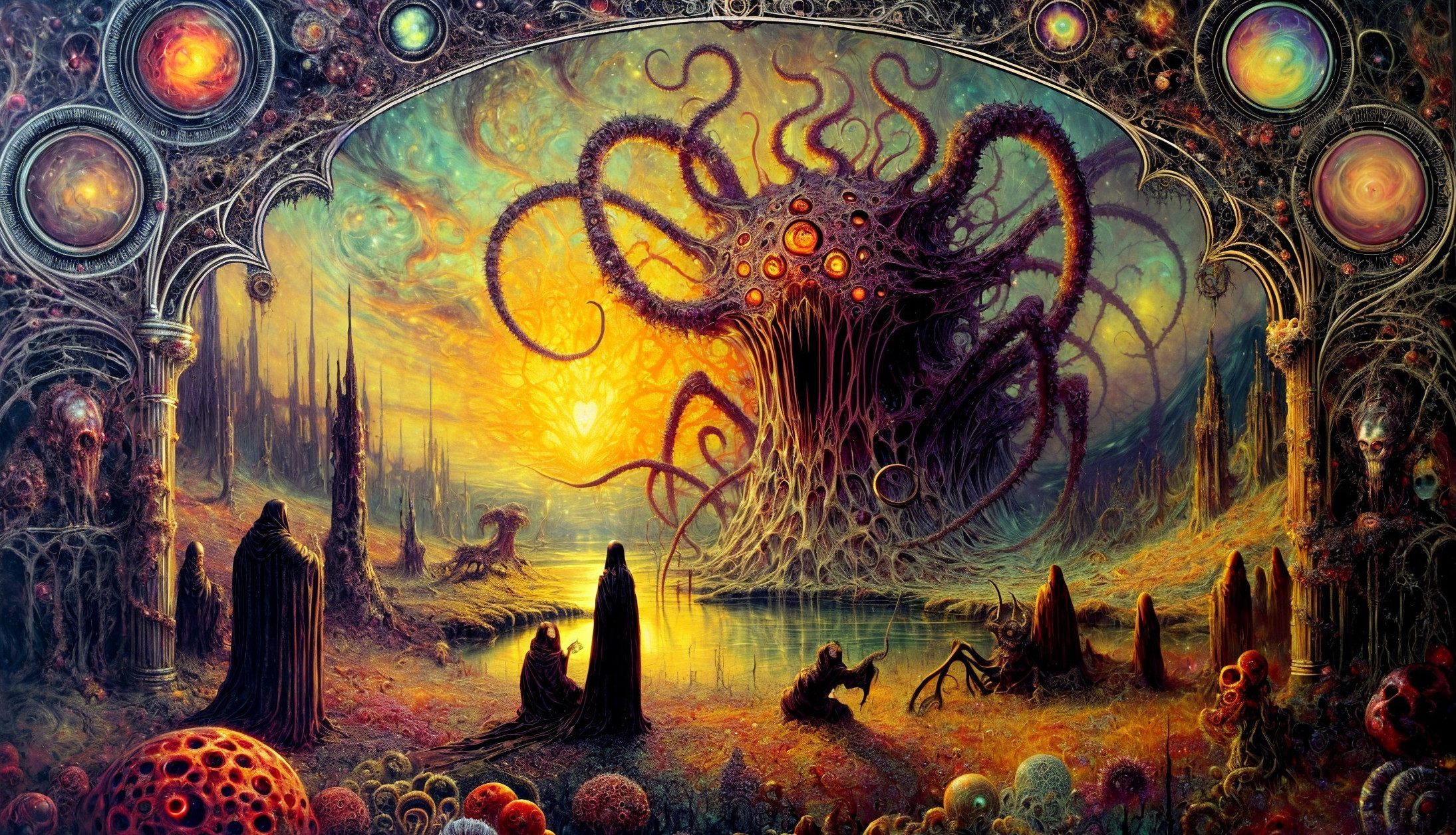 Surreal Landscape with Tentacled Creature and Figures