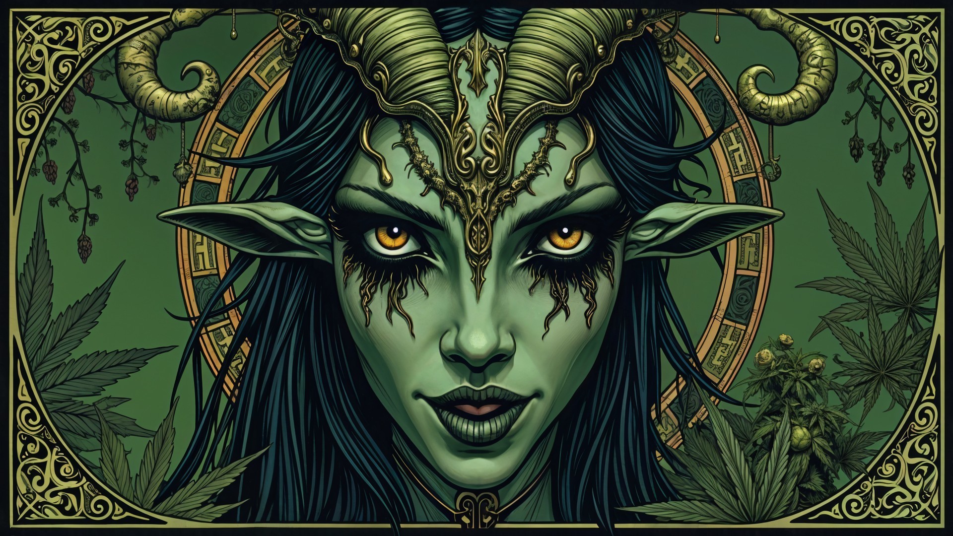 Ethereal Green-Skinned Figure with Horns and Patterns