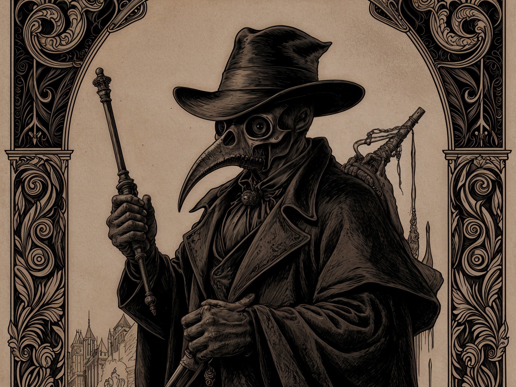 Dramatic Figure in Cloak and Plague Doctor Mask