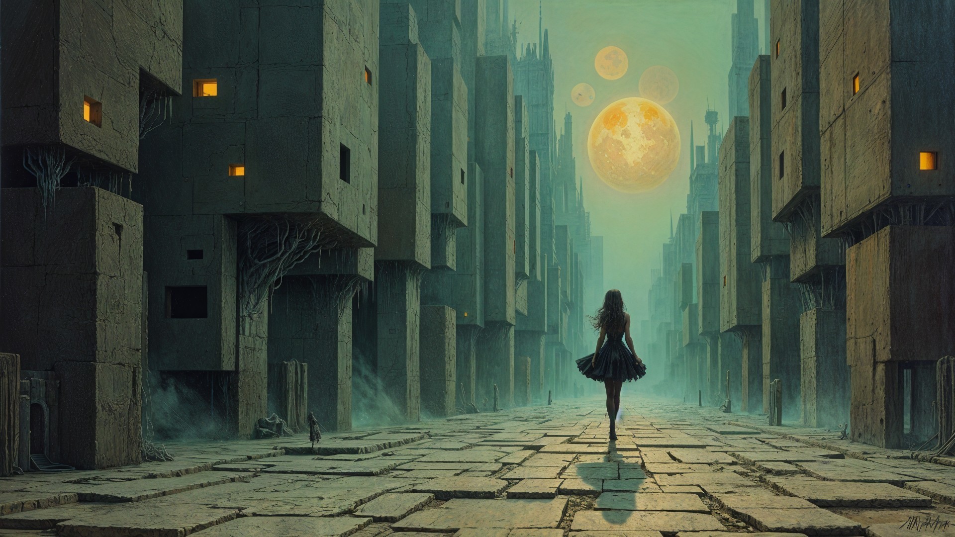 Surreal Dystopian Cityscape with Eerie Atmosphere