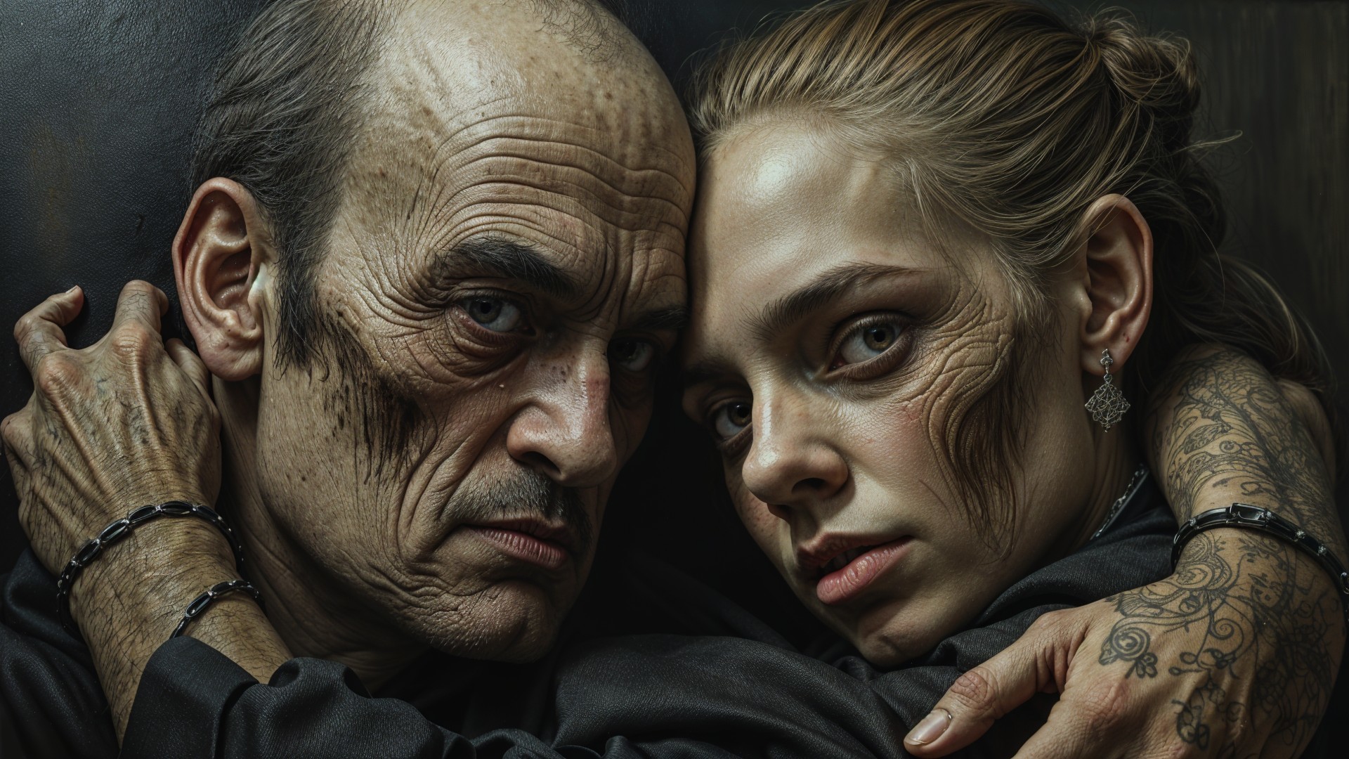 Intimate moment between two figures with deep emotions