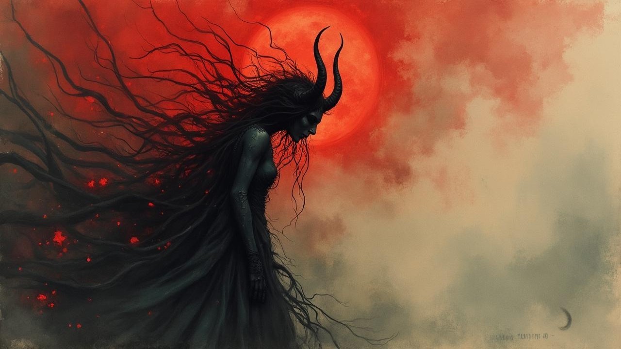 Ethereal Figure Under a Vivid Red Moon