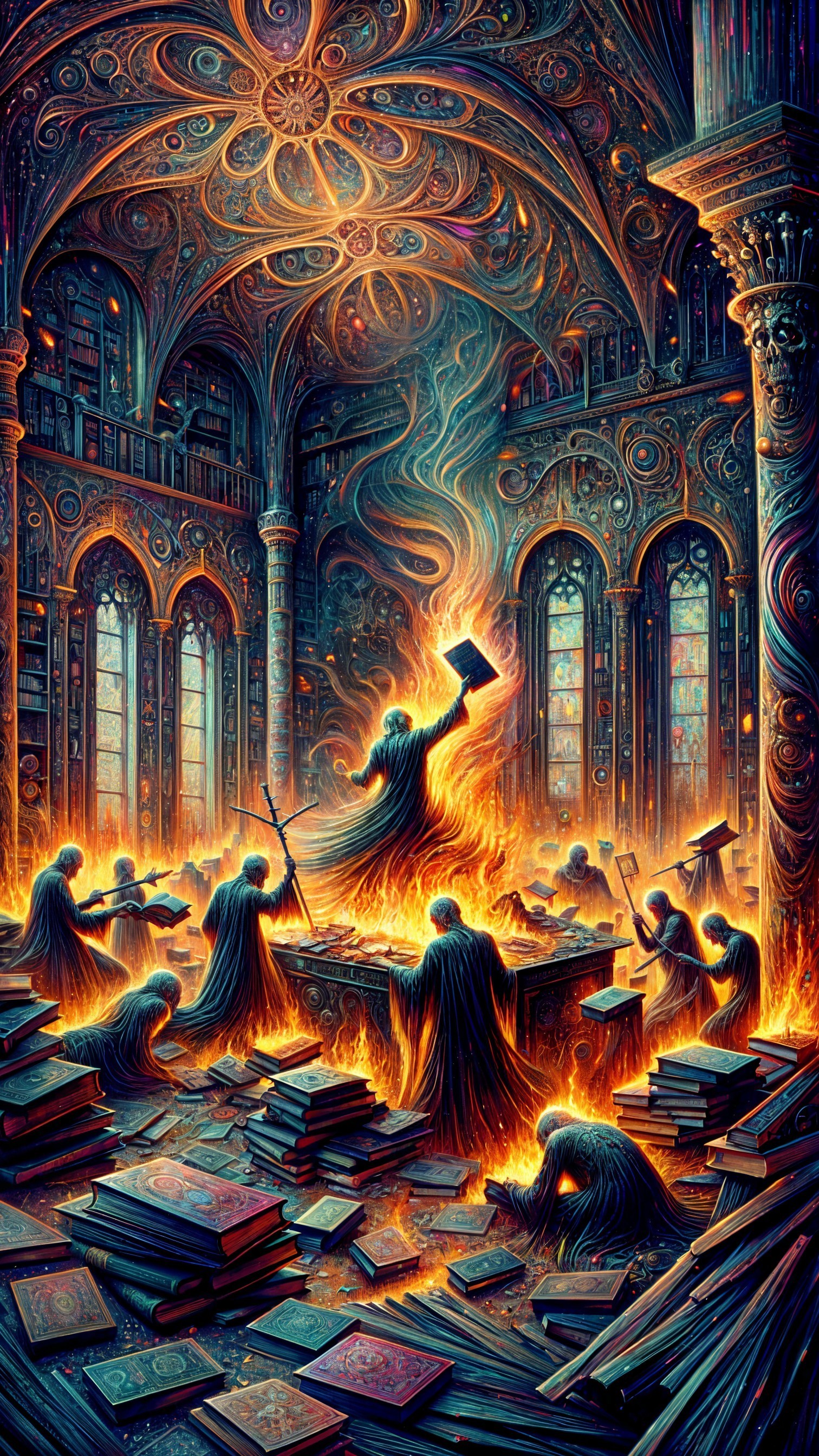 Ornate library with ethereal figures and glowing book