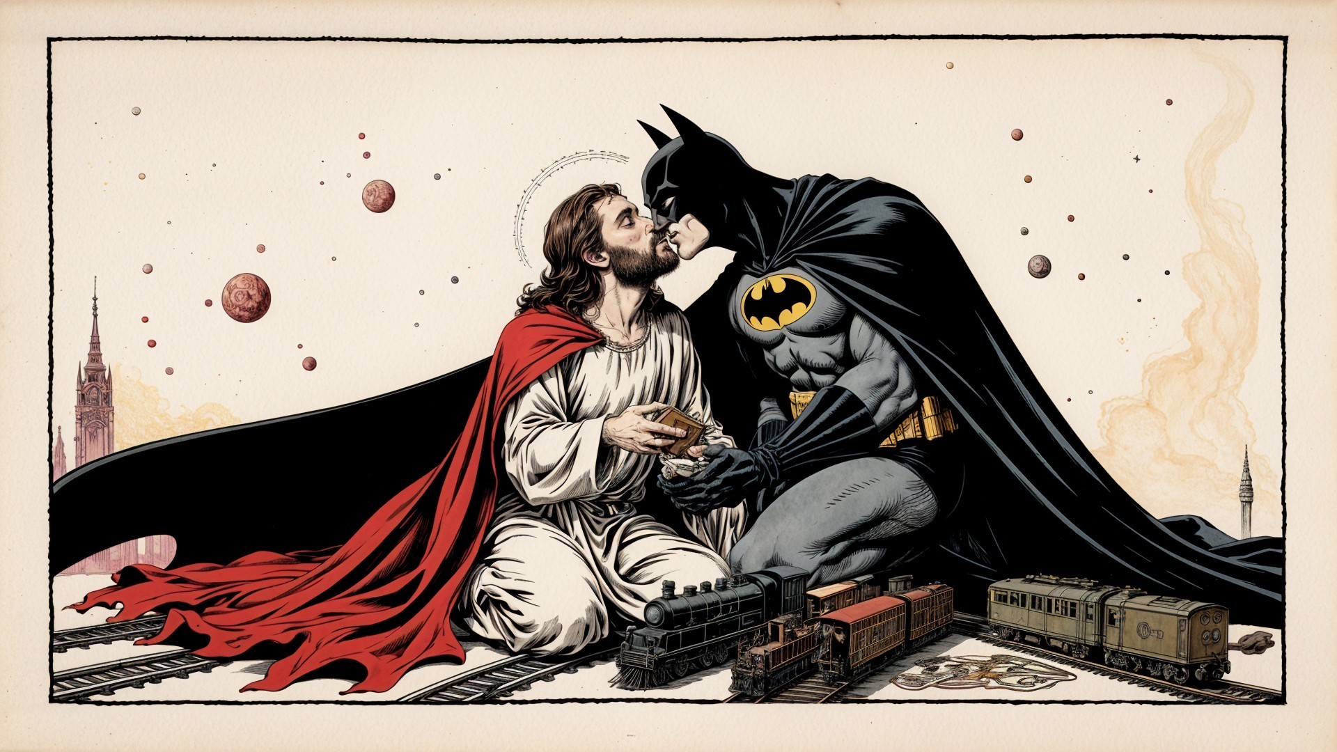 Batman and Jesus Embrace in Surreal Landscape