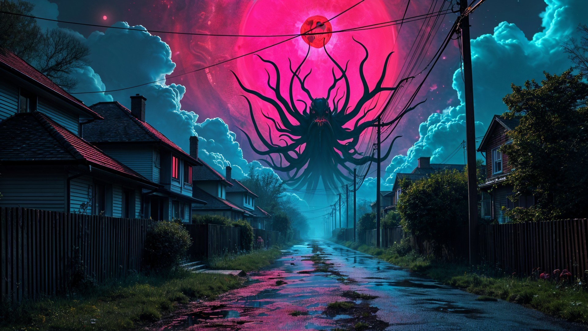 Surreal Scene of Tentacled Figure and Pink Moon