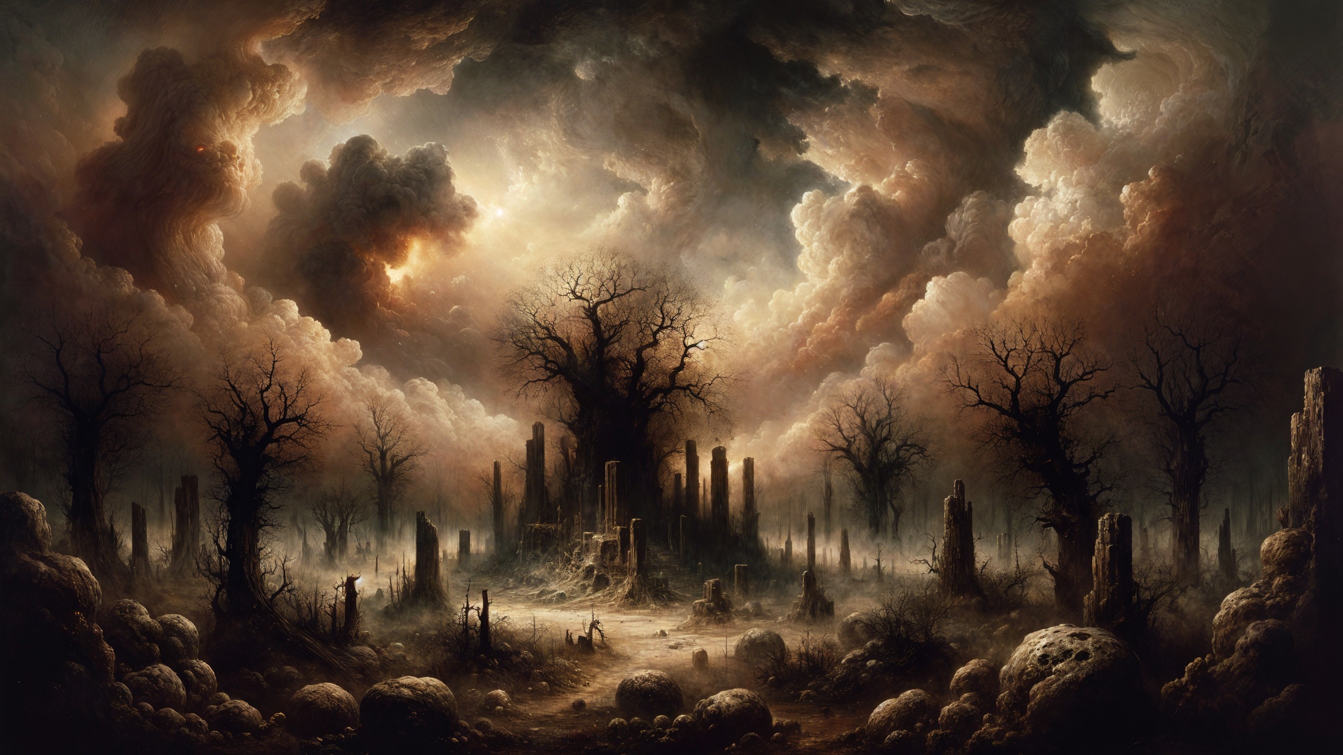 Haunting Landscape with Ominous Clouds and Mist