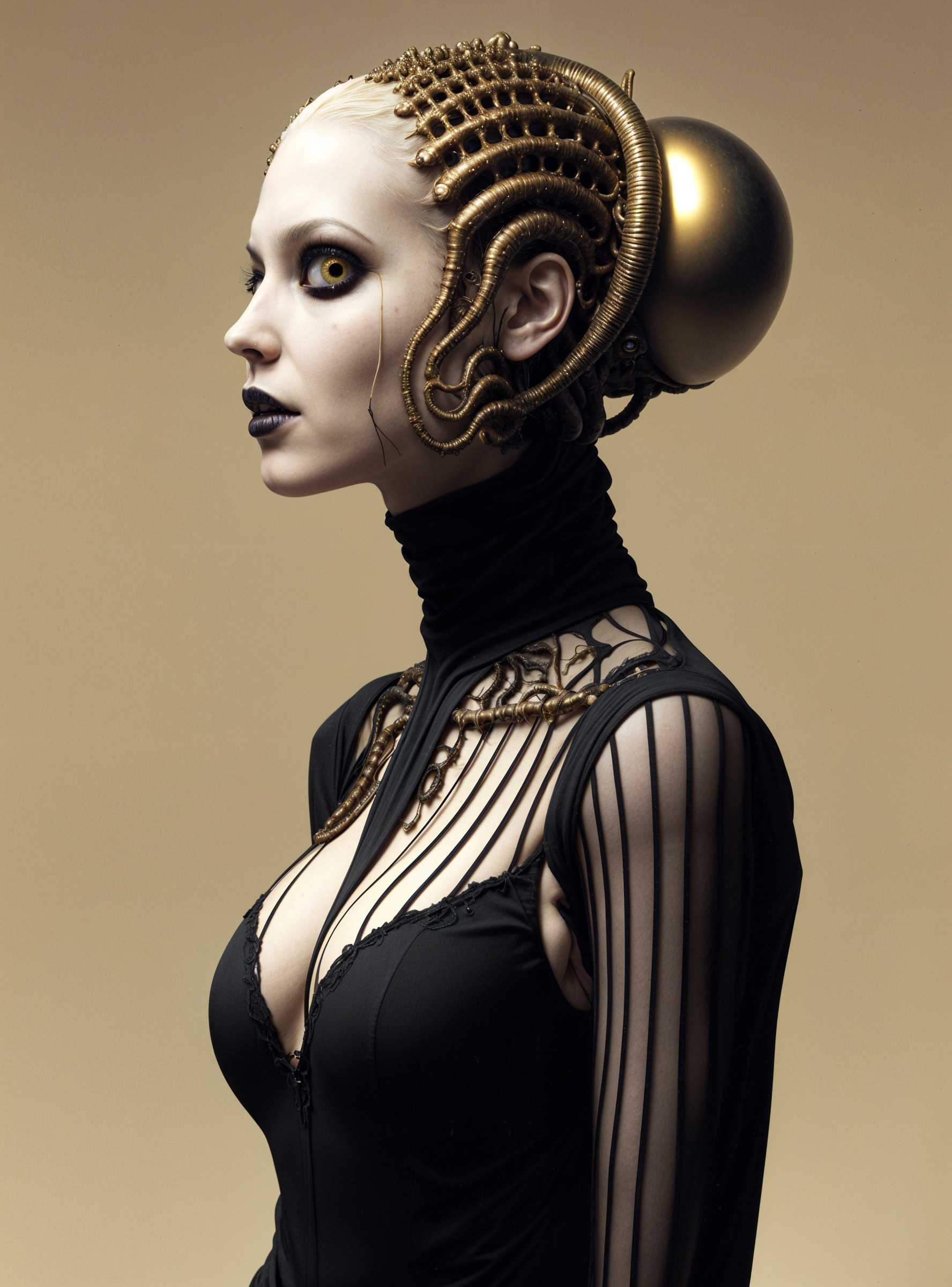 Futuristic figure with mechanical hairstyle and black outfit
