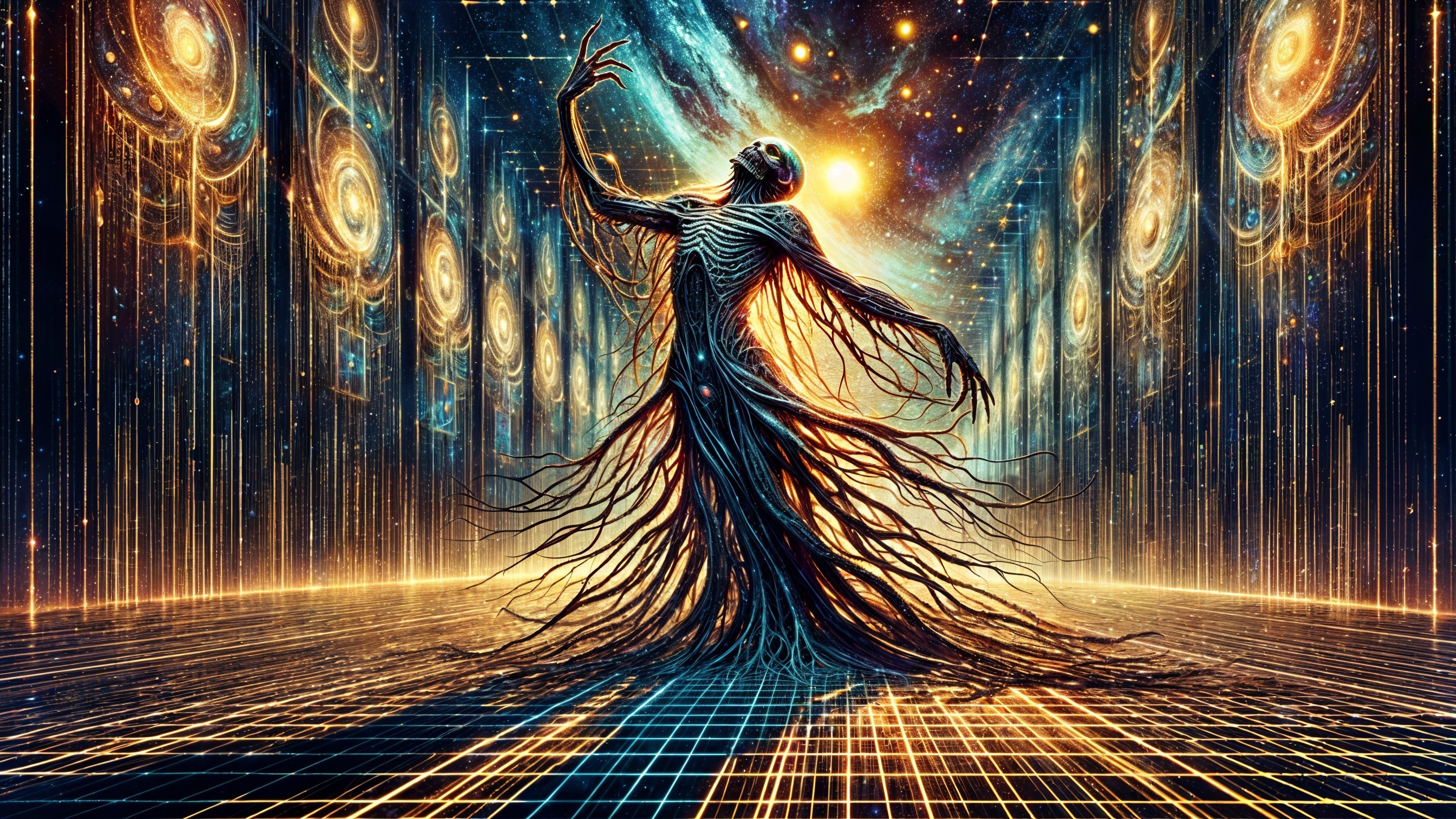 Skeletal Figure with Tendrils in Cosmic Landscape