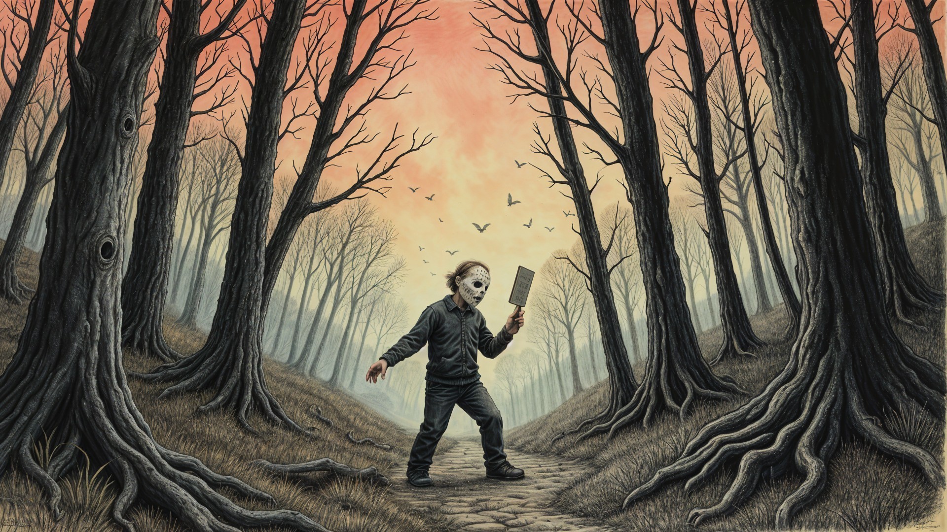 Haunting Forest Scene with Masked Figure and Knife