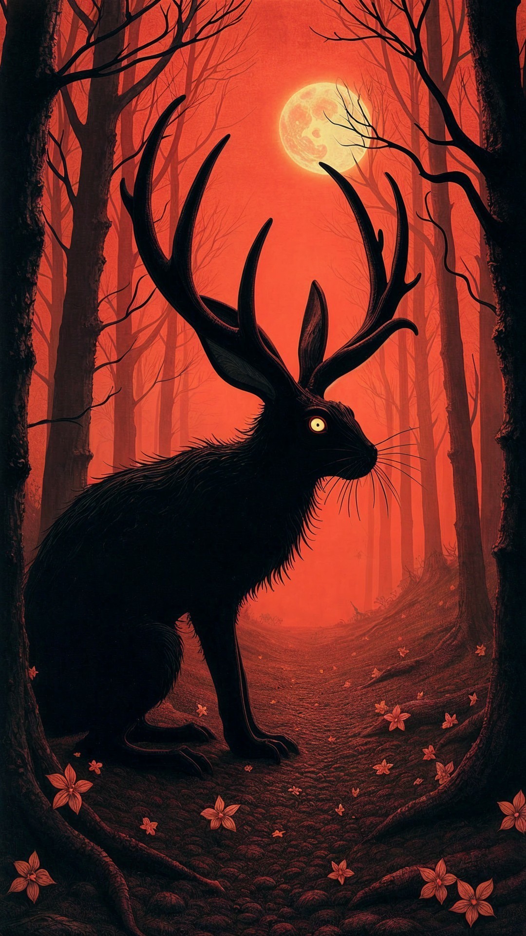 Mysterious Black Creature in Enchanted Forest at Night