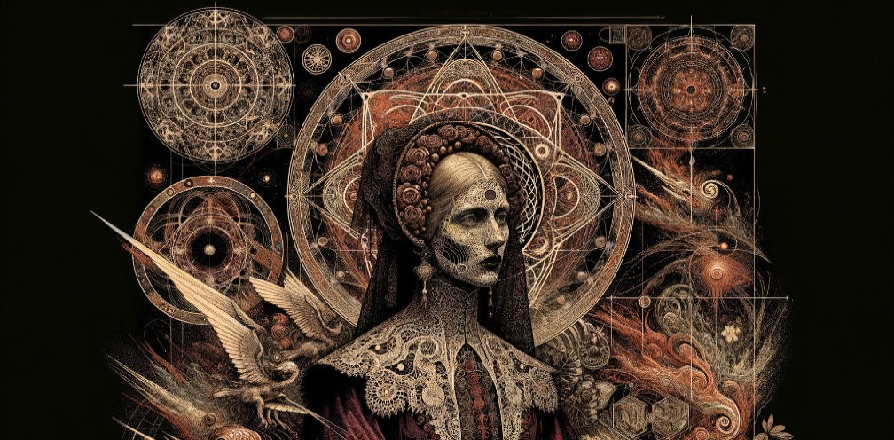Intricate Figure with Celestial and Gothic Themes