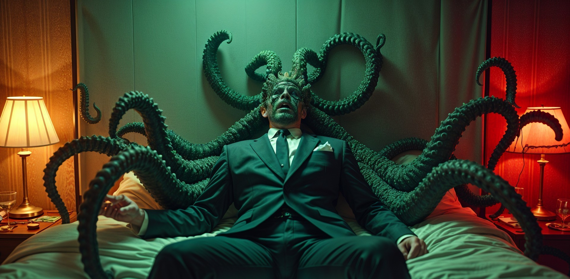 Man in Black Suit Surrounded by Tentacles in Dim Room