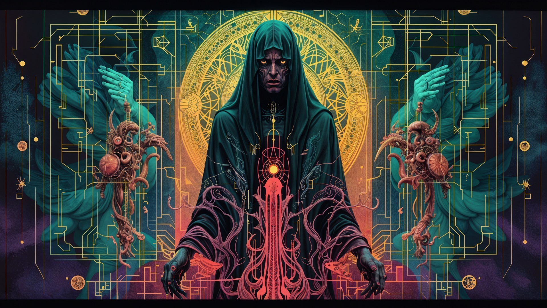 Cloaked Figure with Radiant Circular Design and Creatures