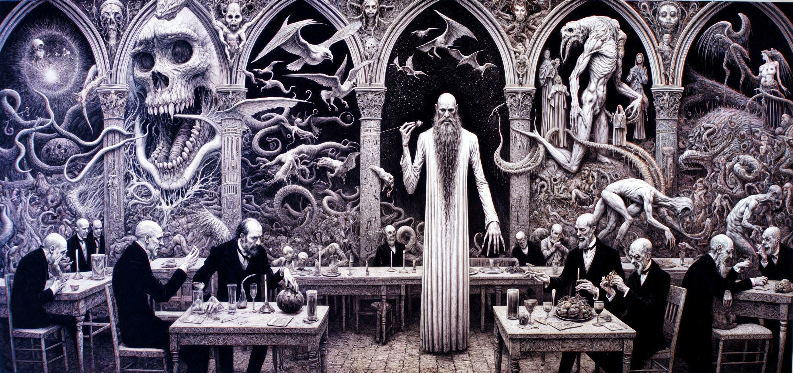 Haunting Dining Hall with Shadowy Figures and Eerie Elements