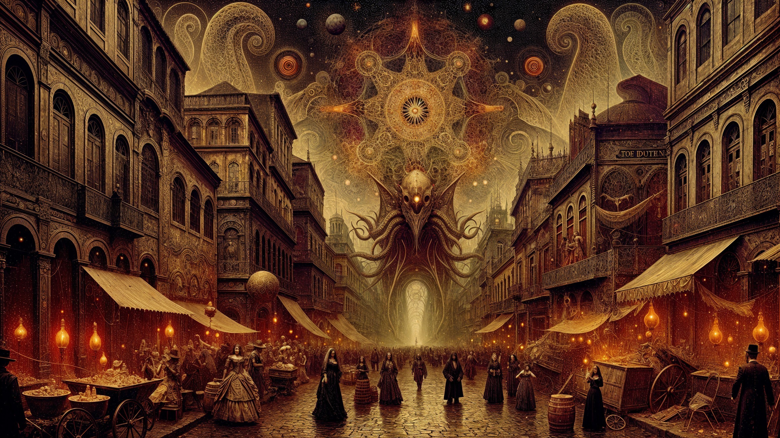 Surreal Marketplace in Vintage City Under Night Sky