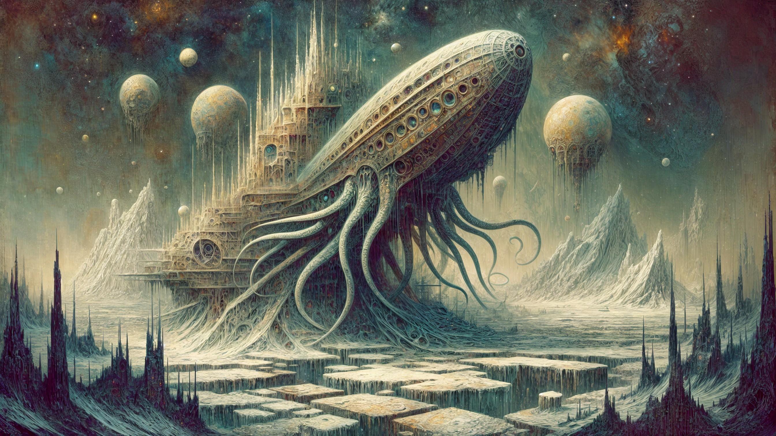 Surreal Scene of a Squid-Shaped Ship in Alien Landscape