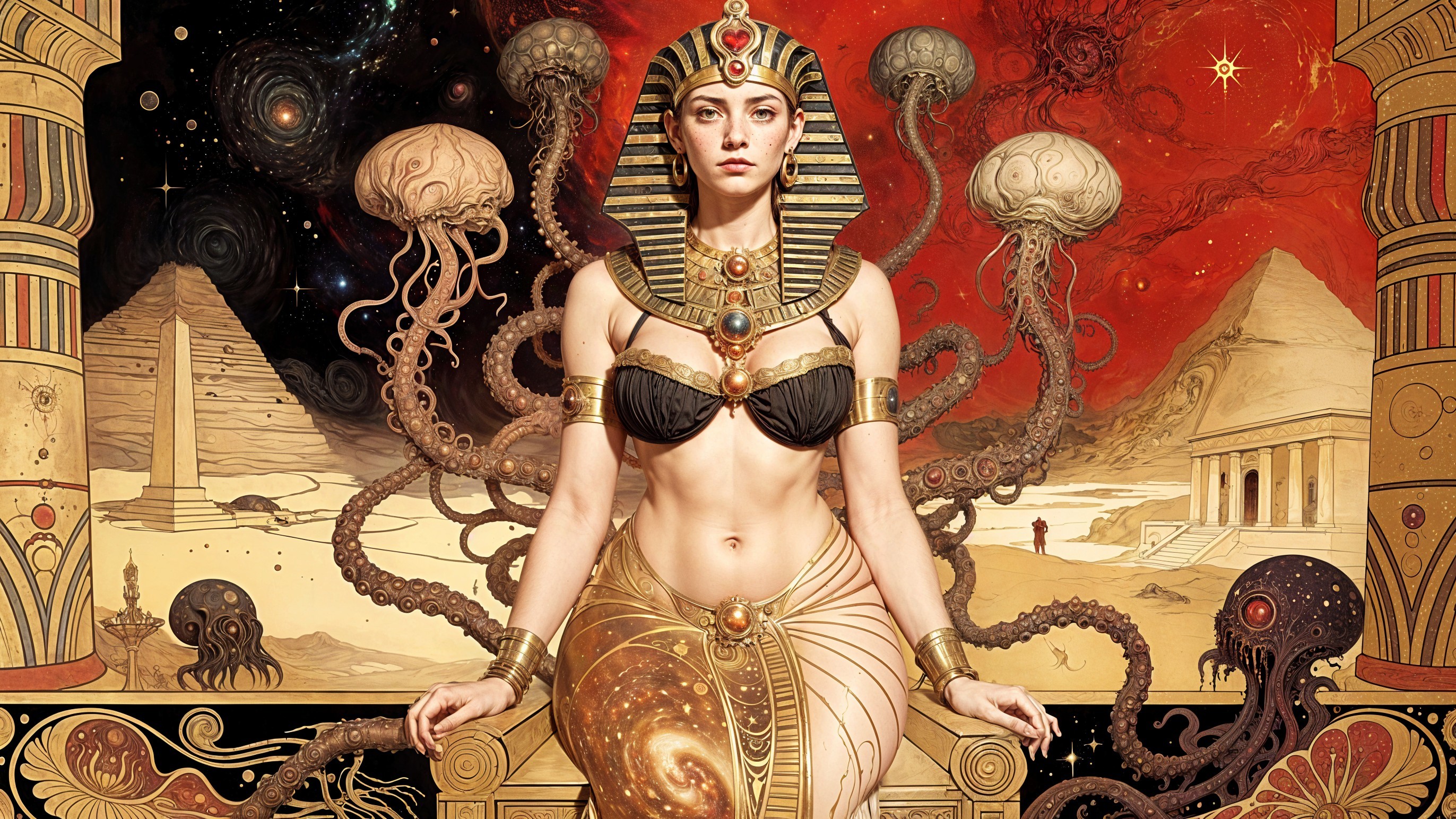 Woman in Ancient Egyptian Attire Against Alien Landscape