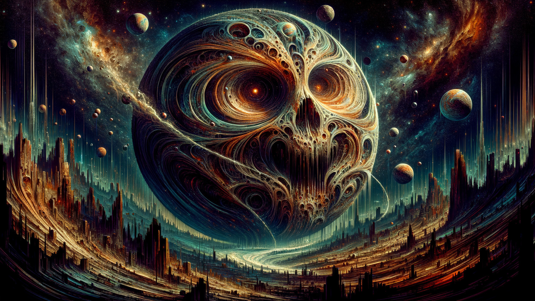 Cosmic Landscape with Skull Planet and Nebulae