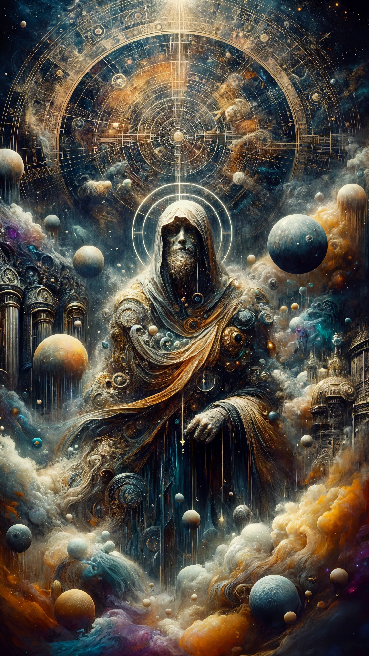 Cosmic Figure Surrounded by Galaxies and Light