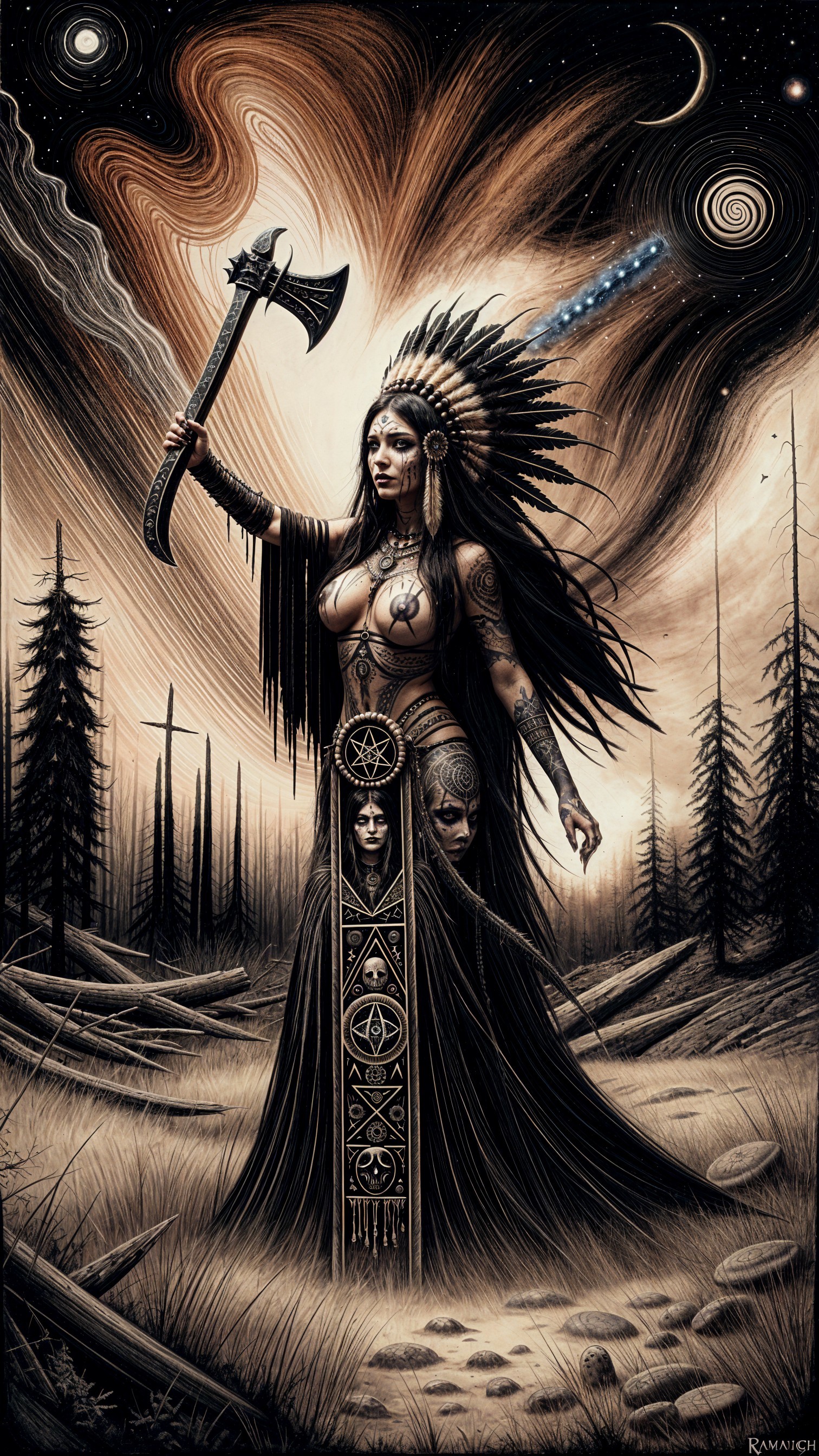 Tribal Figure with Axe in Cosmic Landscape Art