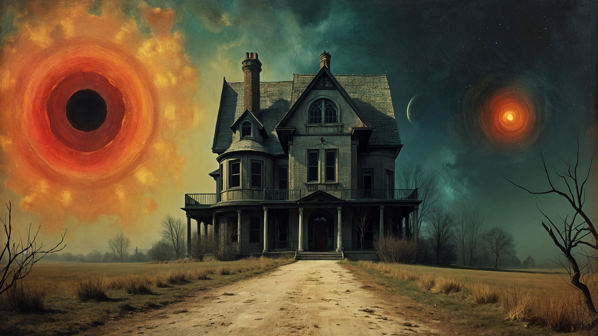 Victorian Mansion Surrounded by Barren Landscape and Sky