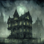 Dark Gothic Cityscape with Mist and Moonlight
