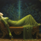 Woman in Green Gown on Ornate Chaise Lounge