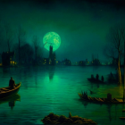 Moonlit Lake Scene with Trees and Glowing Houses