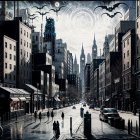 Dark Cityscape with Towering Buildings and Ominous Clouds